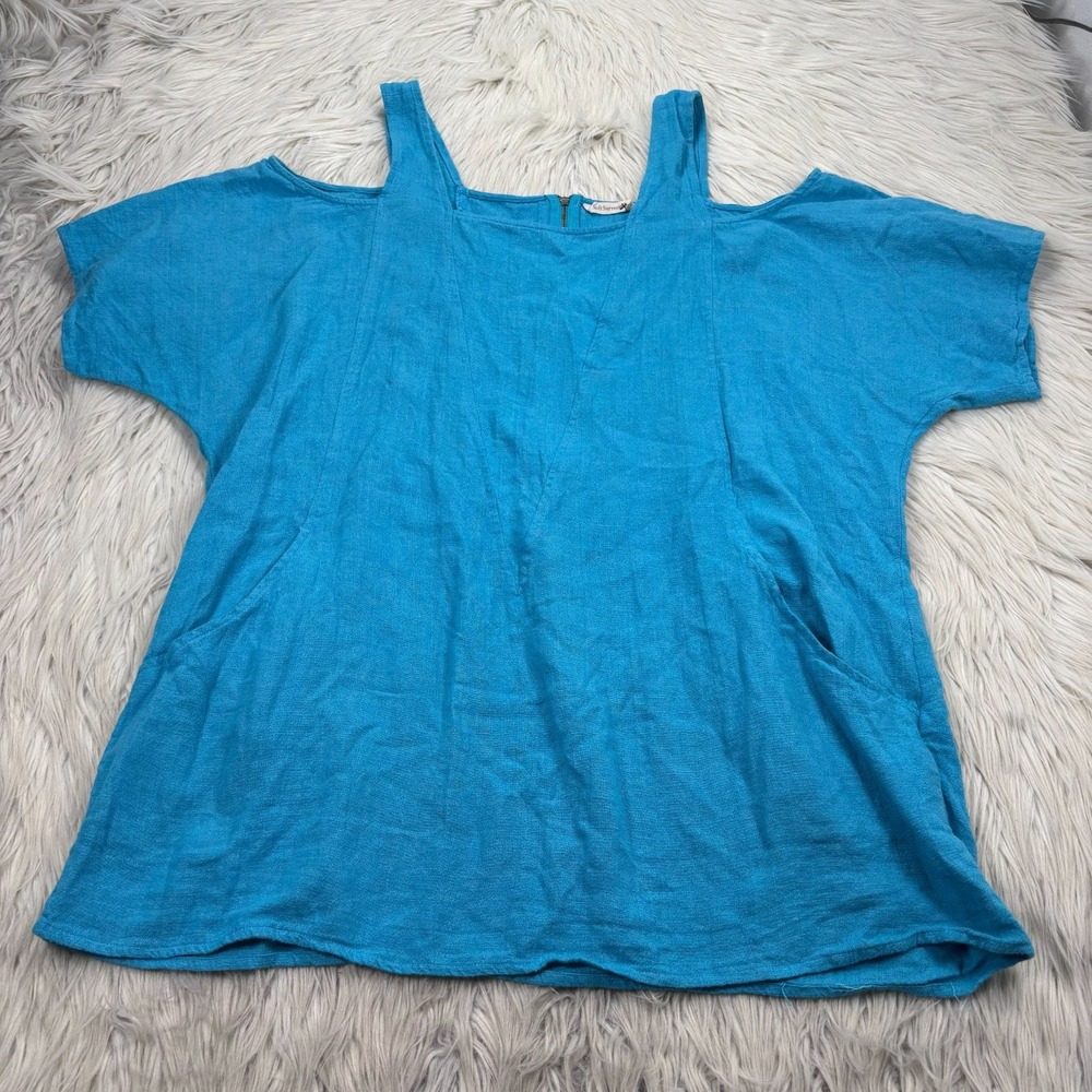 Soft Surroundings Women's L Blue Cold Shoulder Tunic Top Linen Blend Resort Boho